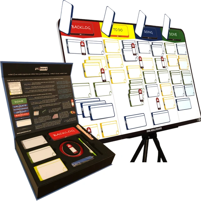 PMXBOARD Magnetic Scrum Board Kit – Full Combo Set | 42" × 23" Agile Kanban Whiteboard with Magnetic Cards & Easel Stand